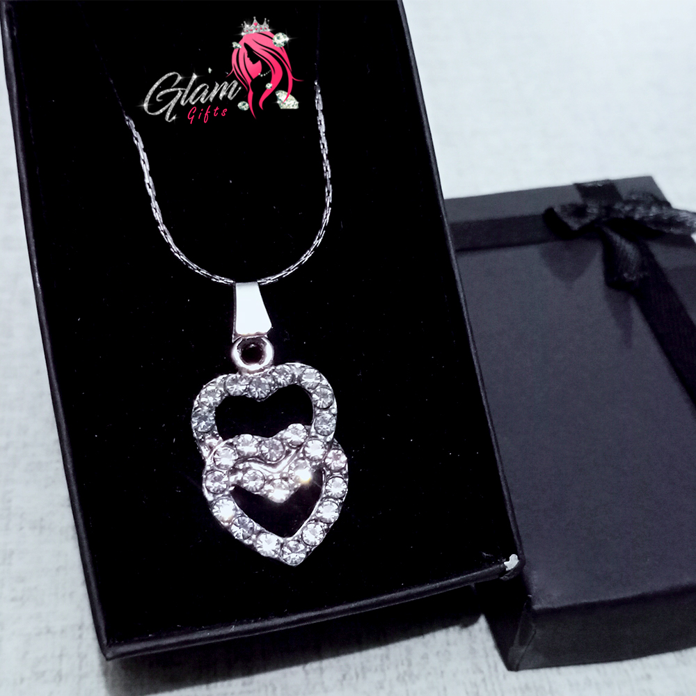 Dual Silver Heart Pendant Necklace with gift Box for Friends