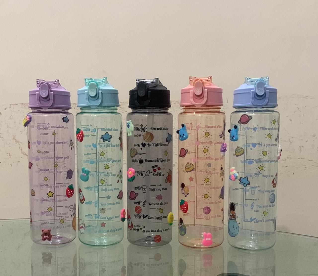 0.9 Litre (900 ml) transparent colored Large Capacity Water Bottle with Bounce Cover Time Scale Reminder Frosted Cup for Outdoor Fitness Training With 3D stickers
