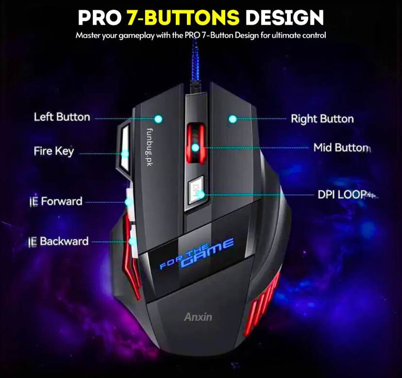 7 Buttons RGB PRO Gaming Mouse with 3200dpi - Breathing LED USB Wired Optical Computer Mouse with 7 Buttons & Braided Wire including Side Buttons with FREE Mouse Pad.