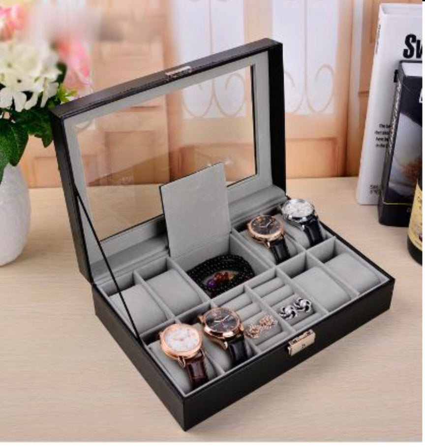 DecorZone 12 Slots Fashion Watch Box PU Leather Watch Case Holder Organizer 2 Layers Jewelry Display Storage Stand Box for Gift Men Women