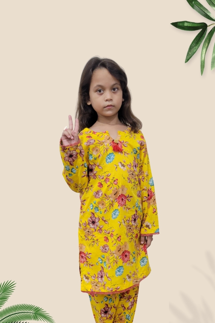 2 Pcs Girls Printed Suit  Stitching Cotton