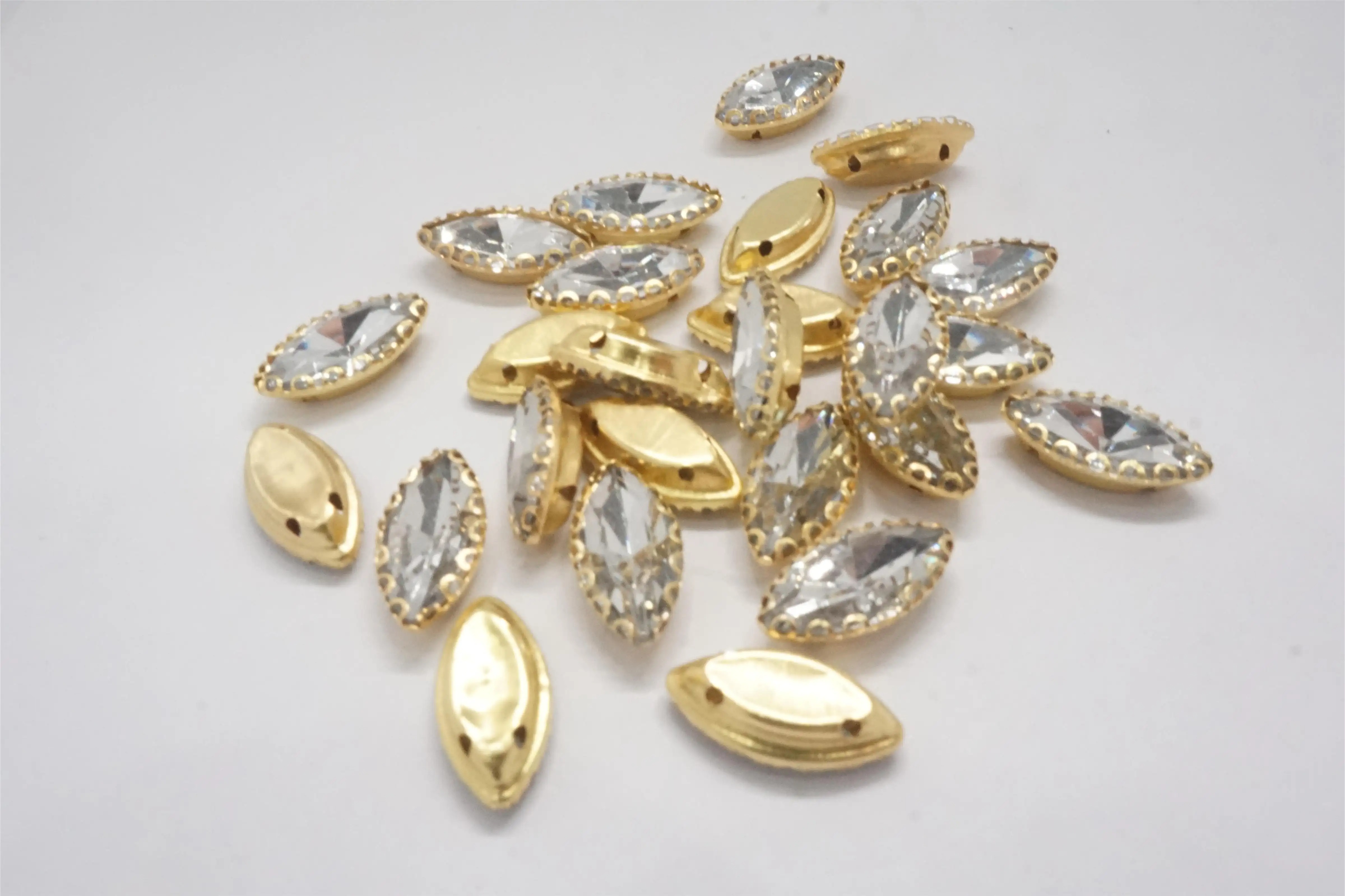 7x15mm & 6x10mm Horse Eye Flatback Sew-On Rhinestones – Gold Base Claw Stones for Dresses, Lace Work & DIY Wedding Decoration Accessories