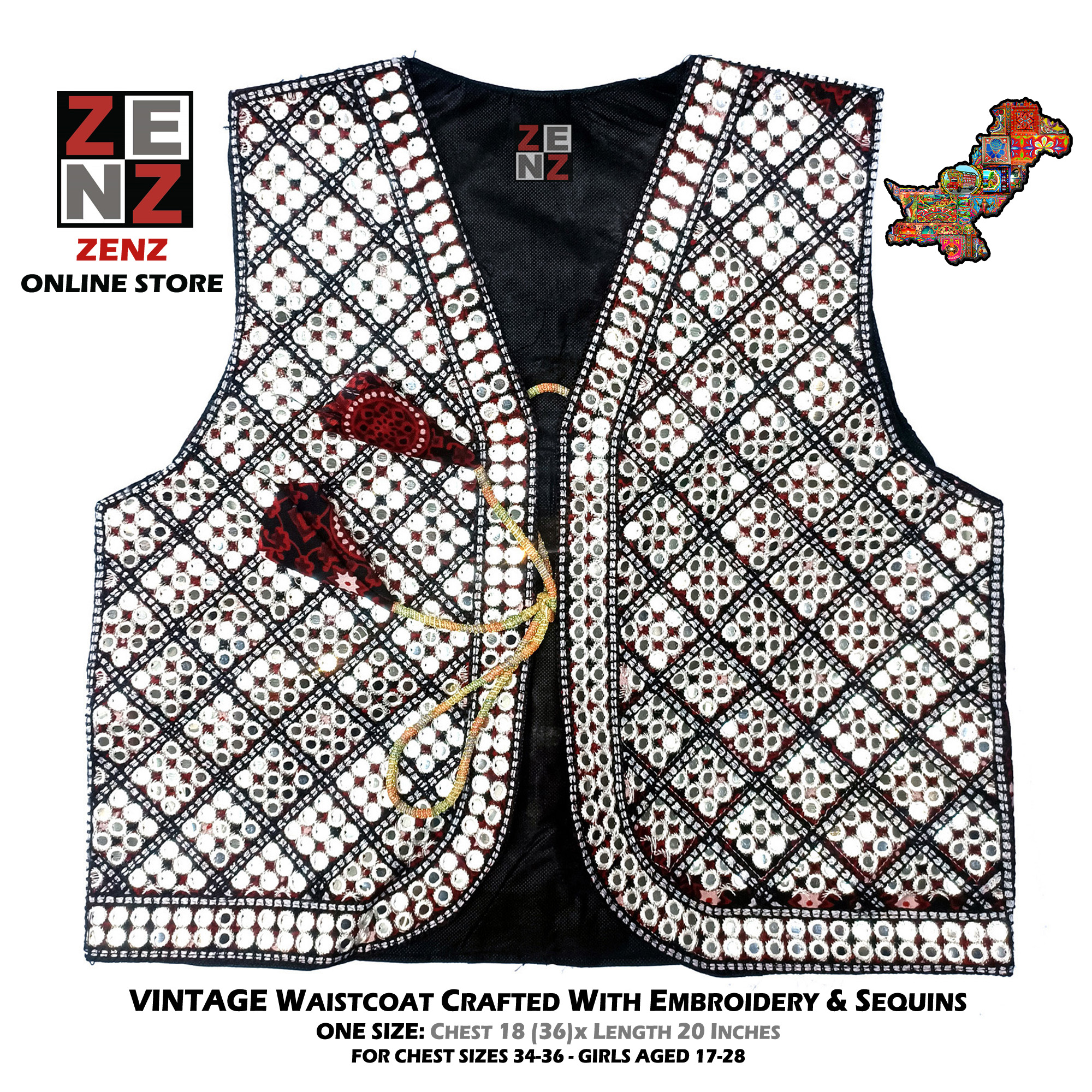 Sindhi Ajrakh Waist Coat Koti for Adult Females crafted with Embroidery & Reflective Sequins Pakistani Embroidered Tradition Wear Waistcoats