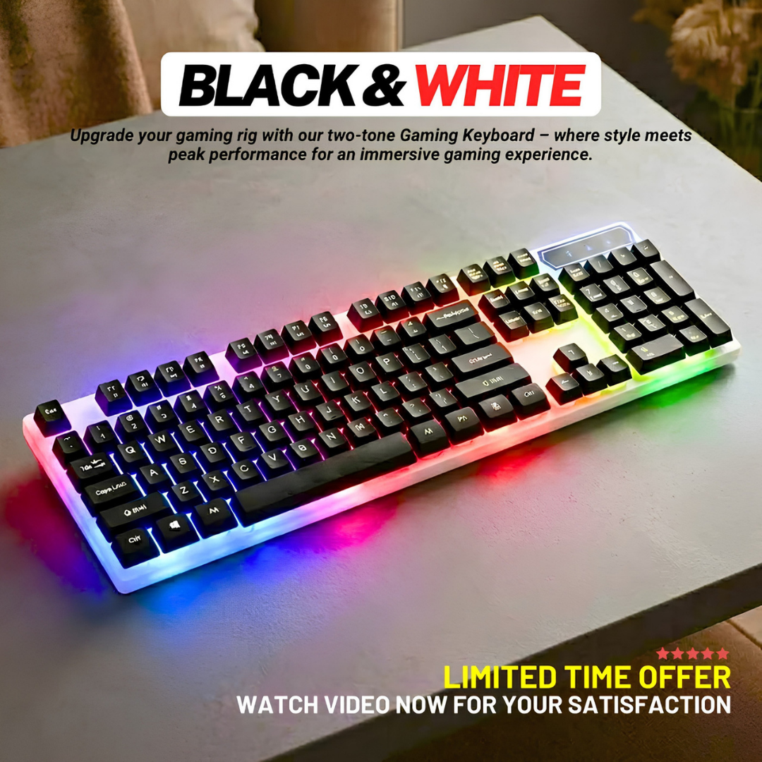 RGB Wired Gaming Keyboard Two Tone Black White Mechanical Feel USB Keyboards | Splash Proof Ergonomic Floating Keycaps Fast Film Switch Multimedia Hotkeys LED Backlight for Desktop PC Computer Laptop Gamer Battle Station Streamer – One Click Pick
