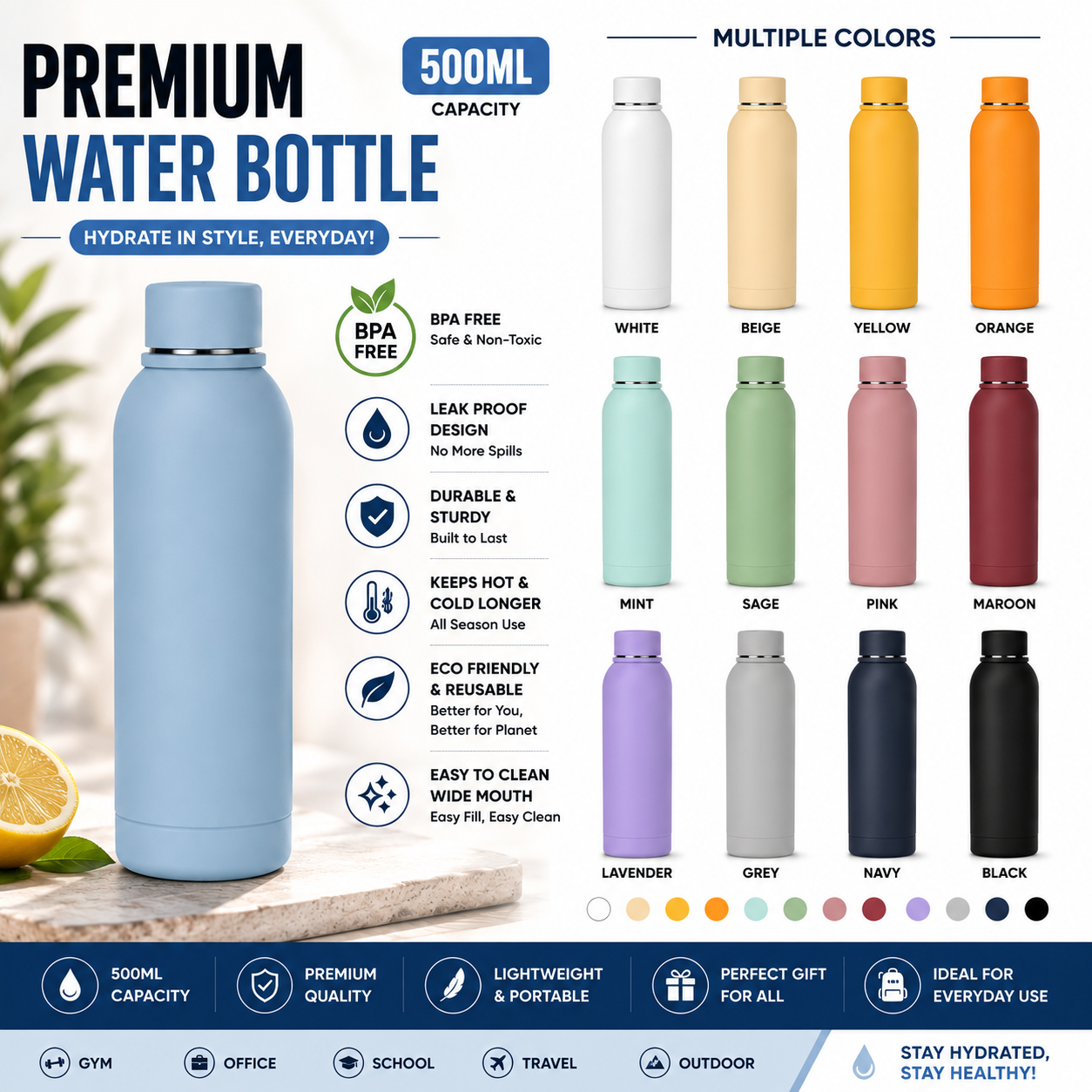 The ShopMore - Premium Built Quality Black Water Bottle with Sports Bottle for Gym, School & Daily Hydration Home Use and Travel Use Water Bottle for Girls and Boys