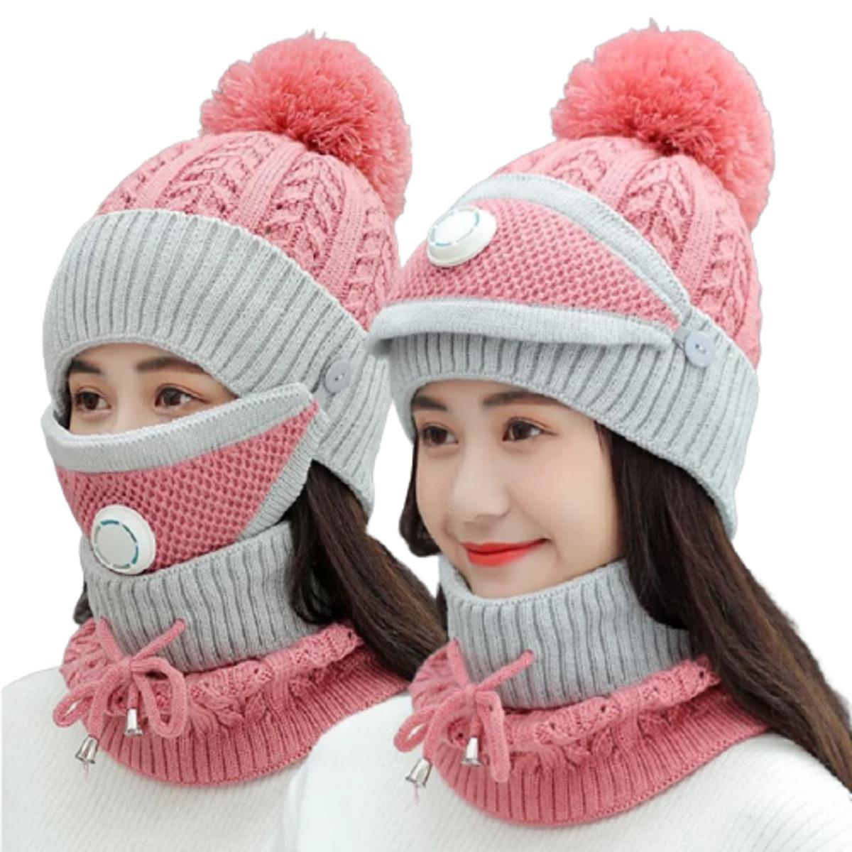 Wool Lined Women's Knitting Bean Scarf Suit Girls' Winter Ski Hat With