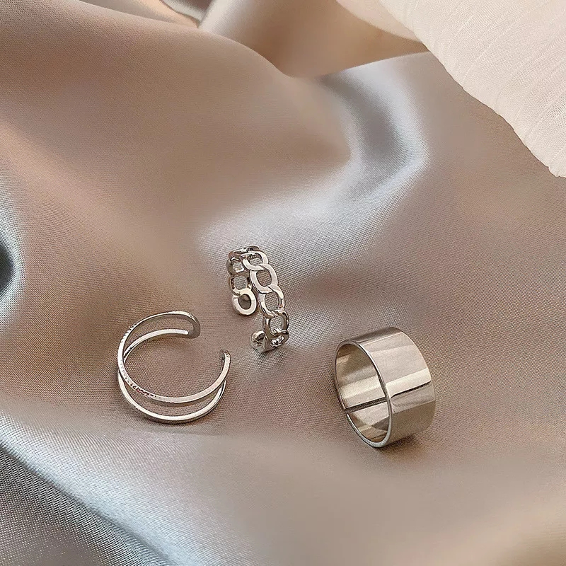 Pack of 3 Silver Rings For Girls Rings For Girlfriend Stylish Geometric Chain Design Adjustable Ring Set High quality Rings