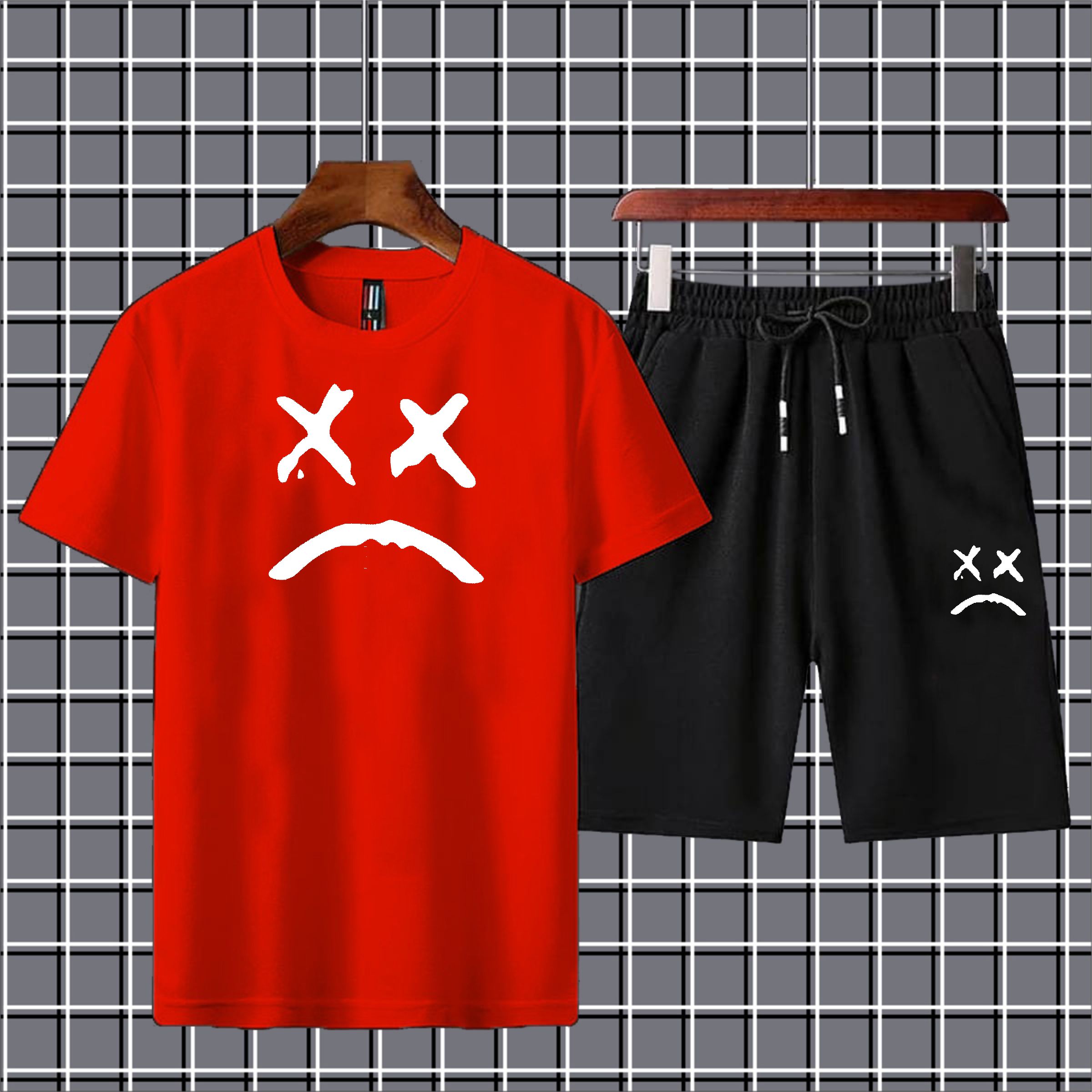 Sad face printed summer short tracksuit premium quality soft & comfortable fabric gym wear Tshirt+short tracksuit for men&boys