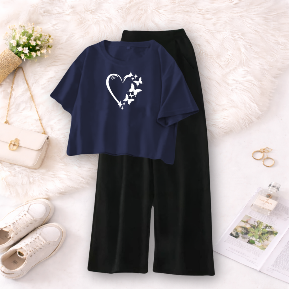 MK Garments Palazzo and Crop T-Shirt for Women Summer Premium Quality Cotton Blend Casual Butterfly Heart Printed Multiple Colors Available