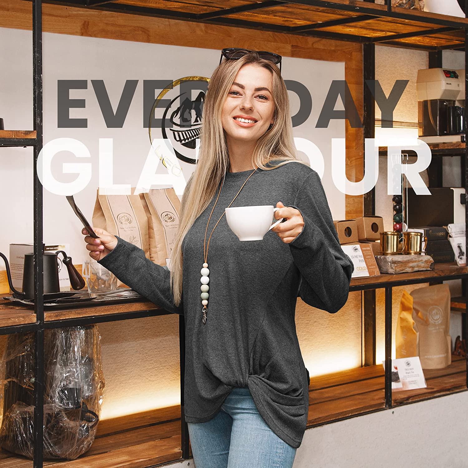 Fast Forward Women’s Tunic Blouse Twist Knot, Long Sleeves T Shirt, Loose Fitting Pullover Tops