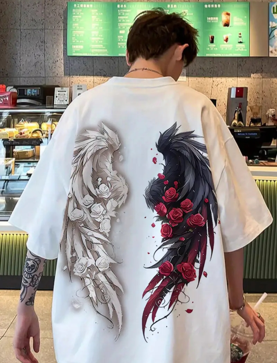 Angel/devil printed drop shoulder tshirt for men soft and comfortable febric