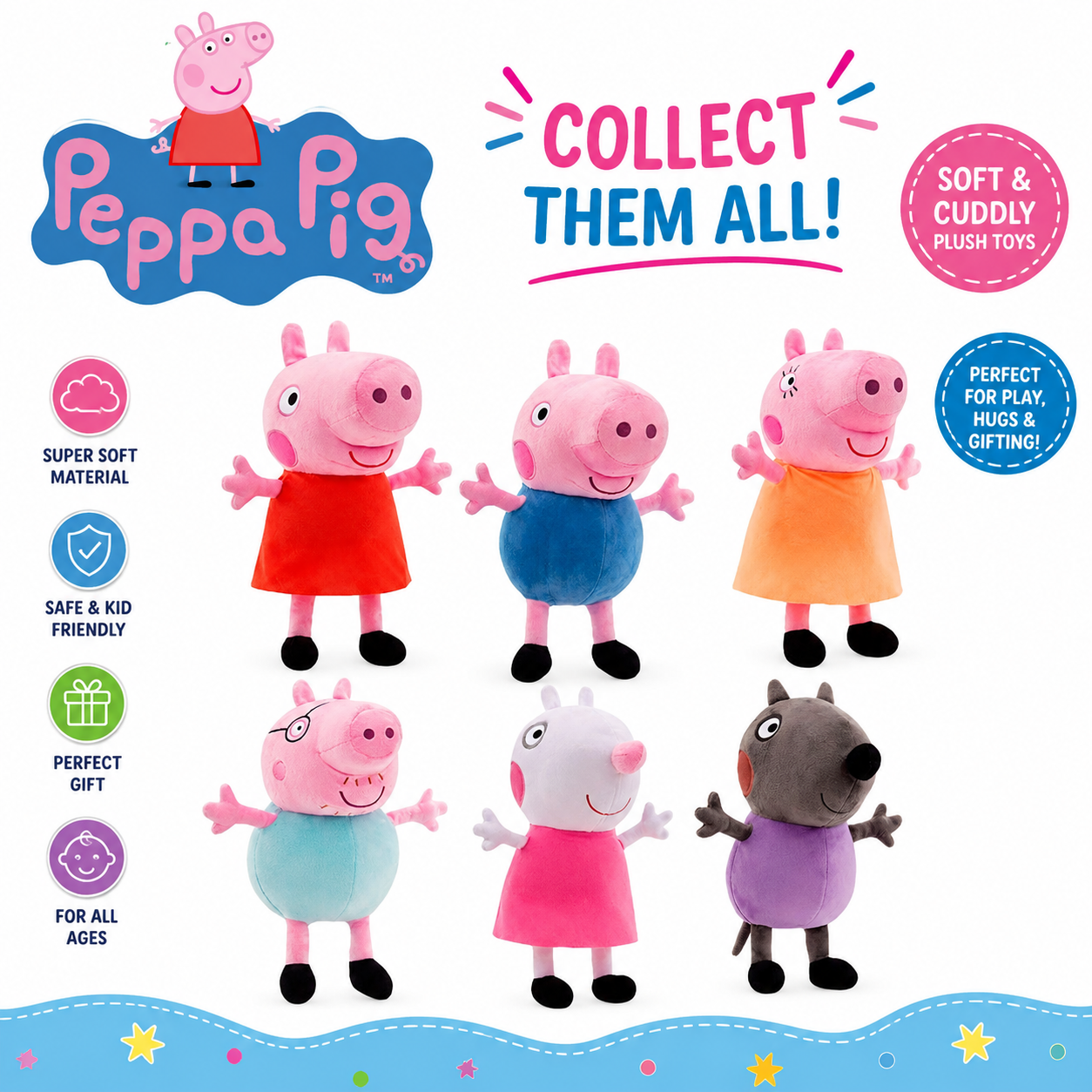 Peppa Pig Family Plush Toys - Soft Cuddly Stuffed Doll Cartoon Characters for Kids, Toddlers & Babies | Birthday Gift Items for Boys & Girls