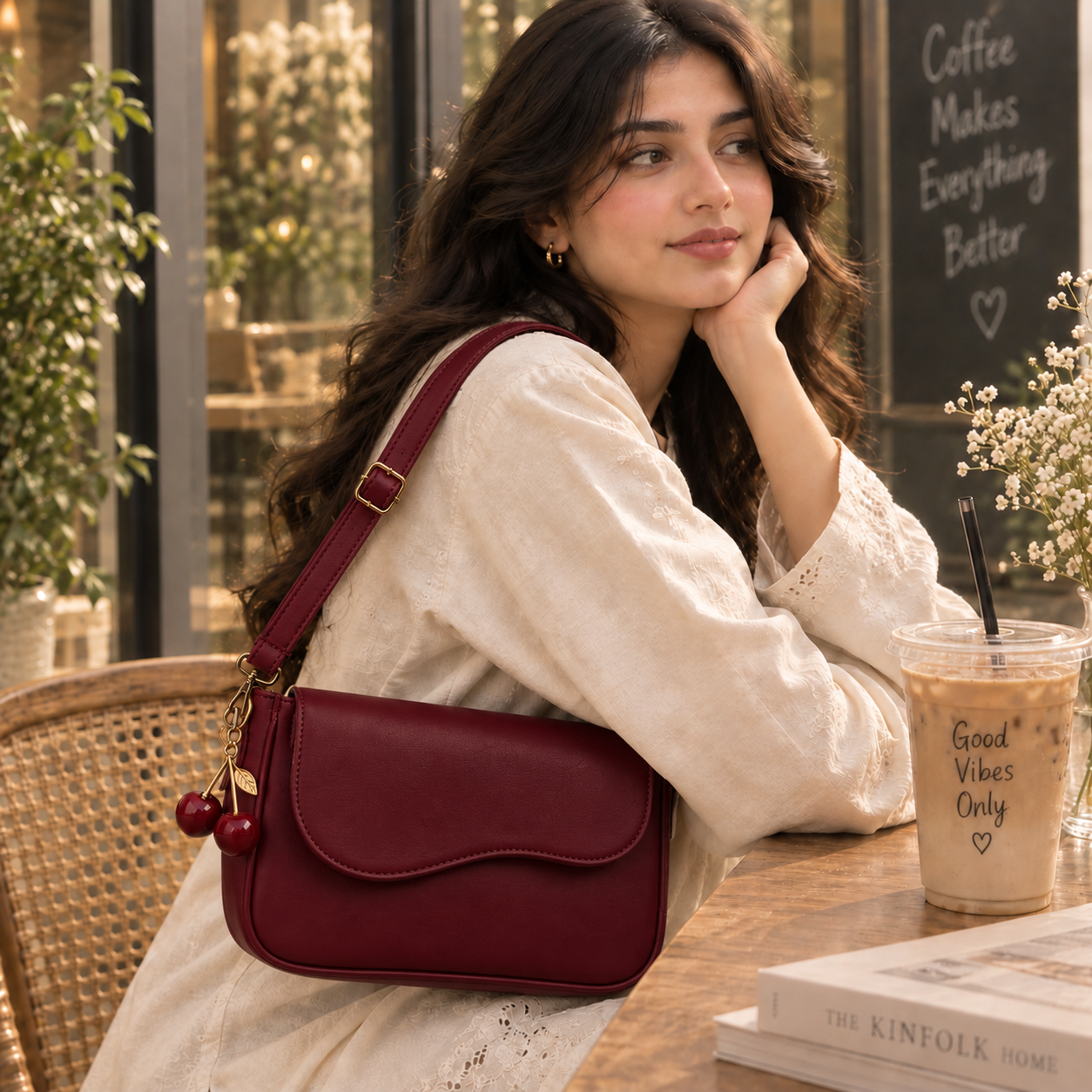 Premium Cherry Hand Bag with Keychain - Sling Bag for Women - Stylish Shoulder Purse - Handbags For Girls - New Design Hand Bags & Shoulder Bag With Belt and Cherry Keychain For Ladies