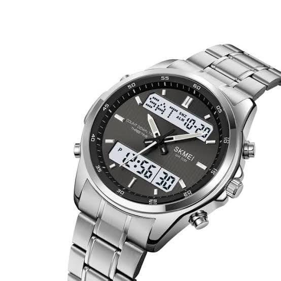 Premium Dual Time Men’s Digital Analog Watch – Steel Chain, Water Resistant, Full Function Display