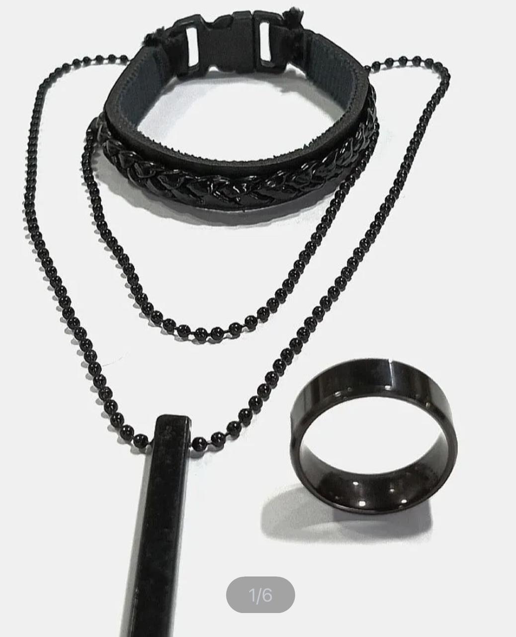 3pcs/ Most Papular 3D Bar Stainless steel Necklace With Stainless Steel Titanium Ring With Hand Made Comfortable Braid Braclet For Men And Boys /Special Lockets set Gift For Men No Fade Color
