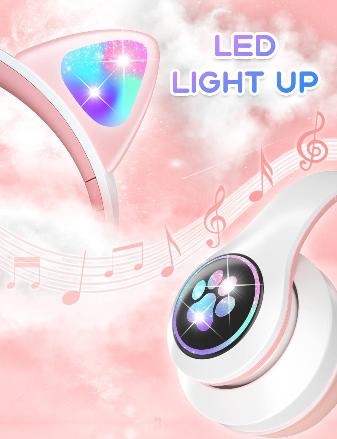 ZAYRAZ Cute Cat Ear Wireless Bluetooth Headphones with LED Lights, Noise Cancelling, Volume Control, New, Compatible with Android - One Size Fits All for Kids & Adults