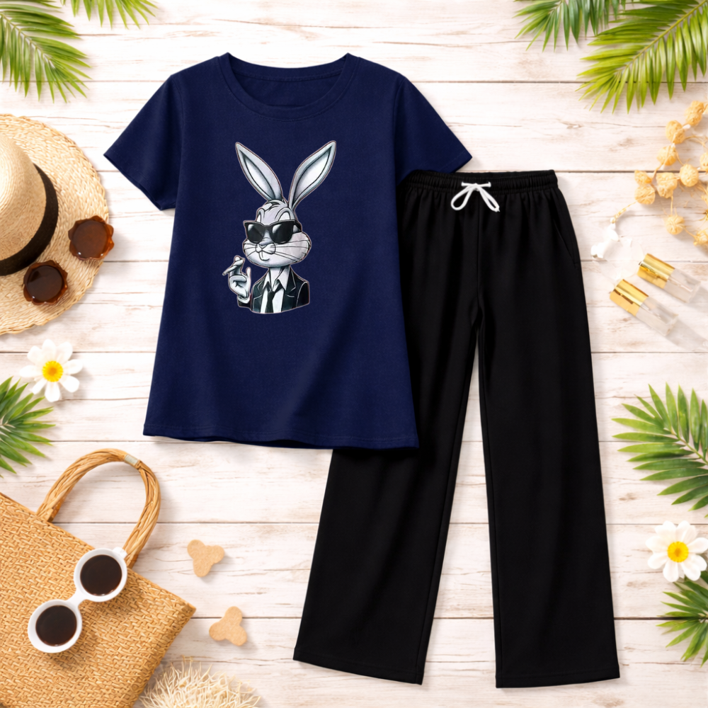 MK Garments - Rabbit Printed Girls 2 Pcs Set Soft Jersey Half Sleeves T-Shirt & Black Trouser Comfortable Sleepwear Nightwear Casual Home Wear for Girls