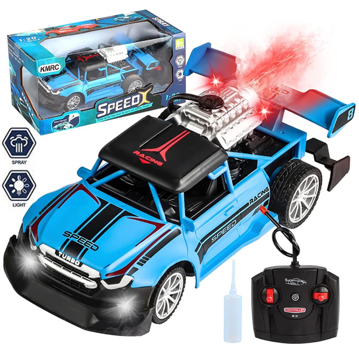 Remote Control Rock Monster Car with Lights Flame Spray Function Stunt  Car 1:20 Scale Four Channel Operated Battery Blue
