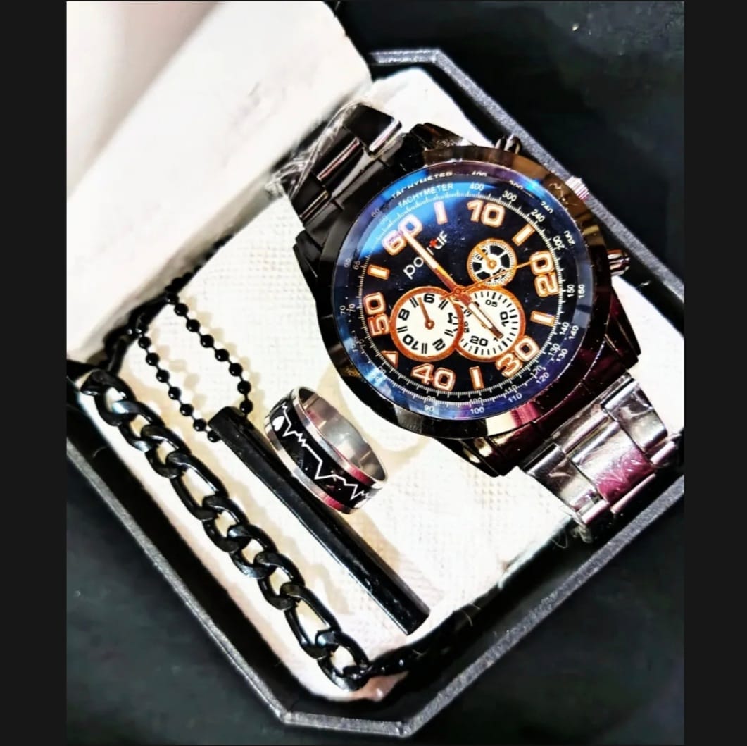 Latest Design 2025 Watch Black Business Watches + Bracelet + Cuban Chain Bracelet +3D Bar Locket  With Chain+Ring -High Quality In Random Dial watch Design With Stainless Steel Strap + Bracelet Chain + Necklace + Ring For Boys Men