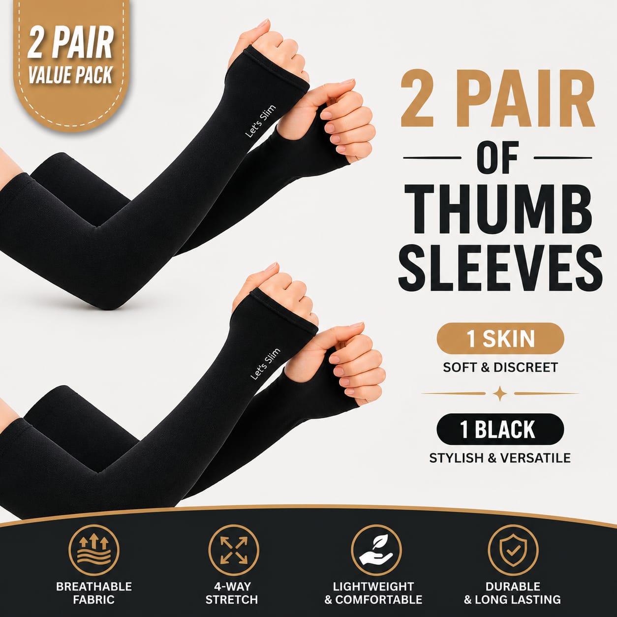 2 Pair Sleeves With Thumb Whole Free Size for Sun Block Anti Slip Summer Outdoor Riding Sunlight | Arm Sleeves | Thumb Sleeves | Sleeves for Girls | Sleeves for Boys Sports UV Sunscreen Protection Running Cycling Driving Sleeve