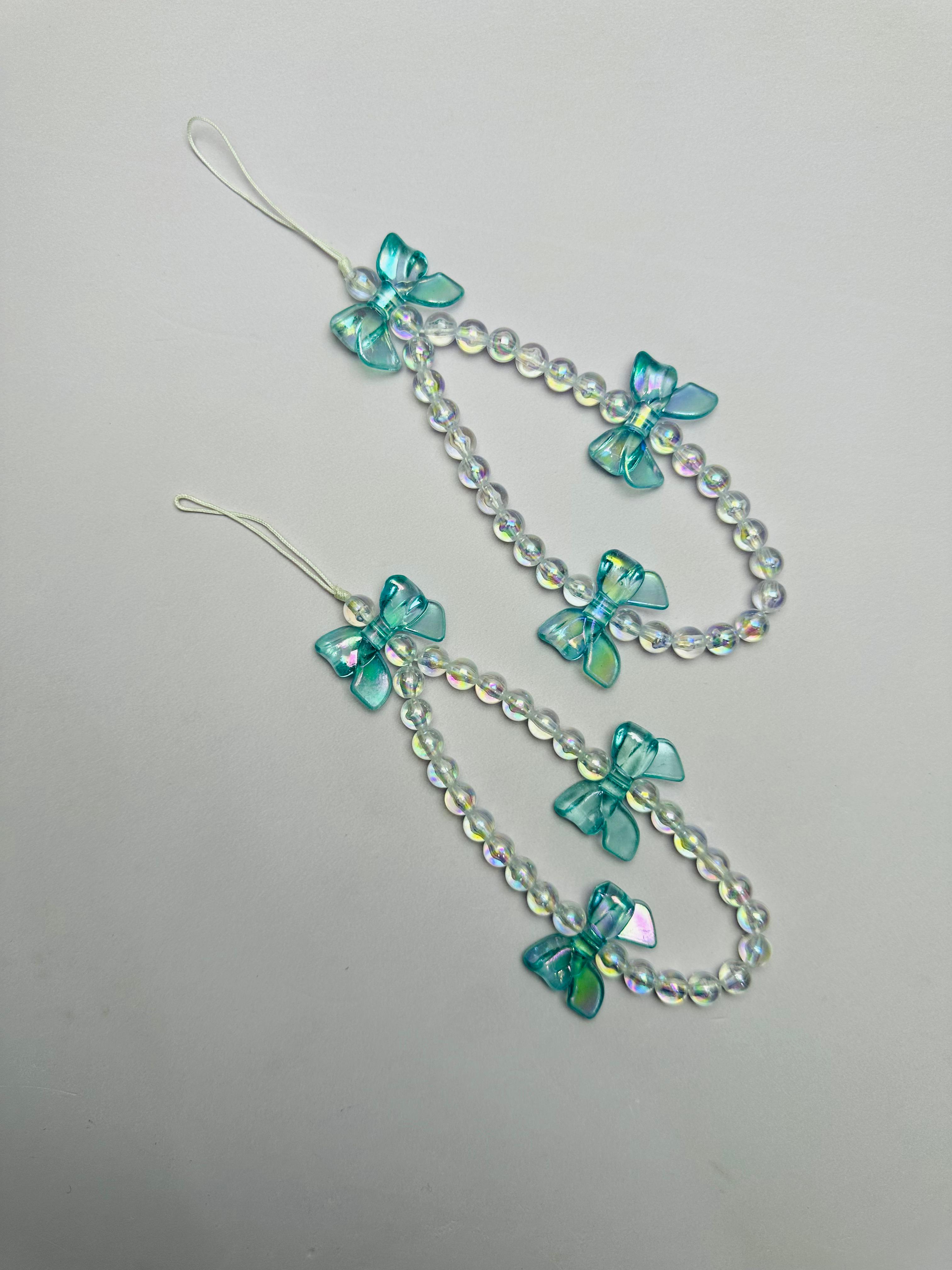 Colorful Flower Beaded Mobile Phone Charm Strap Chain Lanyard Women Girl Jewelry Phone Holder Beads Pendant Cherry - Mobile Cover Chain- Blue Bowtie