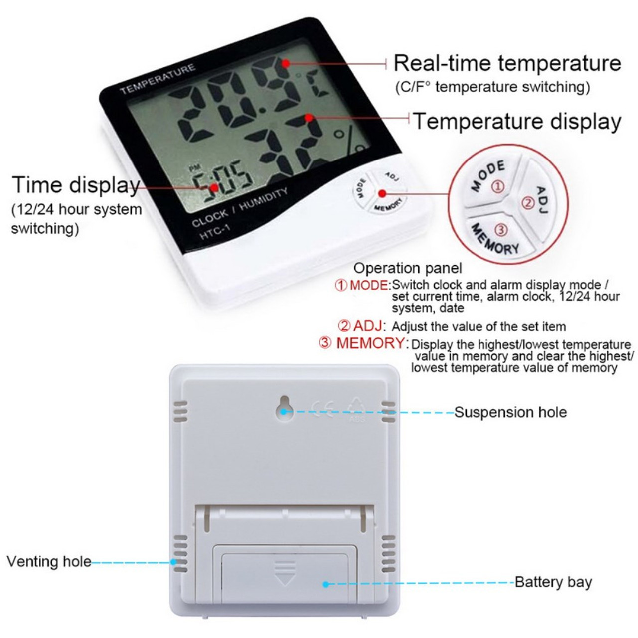 HTC-1 Electronic Temperature Humidity Meter, For Medical Indoor Room LCD Digital Thermometer Hygrometer Weather Station Alarm Clock