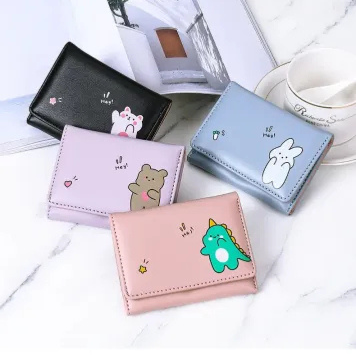 PU Leather Cartoon-Themed Tri-Fold Wallet for Women - Casual Animal Print Card Holder Style