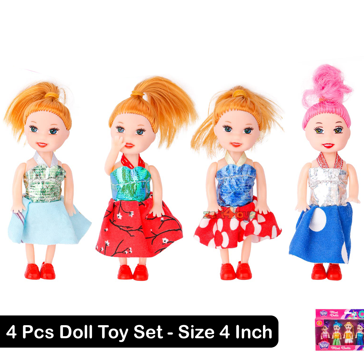4 Pcs Set - Soft Mini Princess Doll Toys For Girls - 4 Inch - Colorful