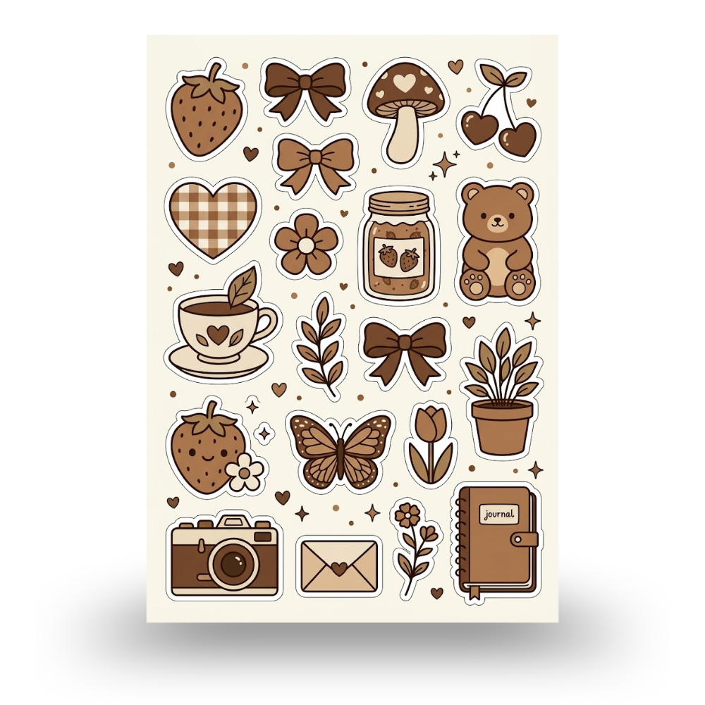 BrownThemed Aesthetic Sticker Sheet | Journal Aesthetic Stickers - Uncut and A6 Sized (10x15cm) Art for Laptops, Journals, and More - Express Yourself Creatively for Girls and Boys