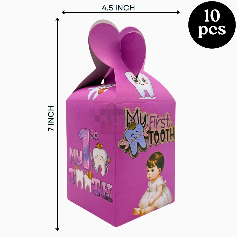First Tooth Goody Box - 7 x 4 Inch - First Tooth Decoration - First Teeth Gift Box - First Tooth Goodie Boxes - First Tooth Decoration Baby Box - First Teeth Decoration Themes - First Tooth Boxes - Pink - Girls - Pack Of 10