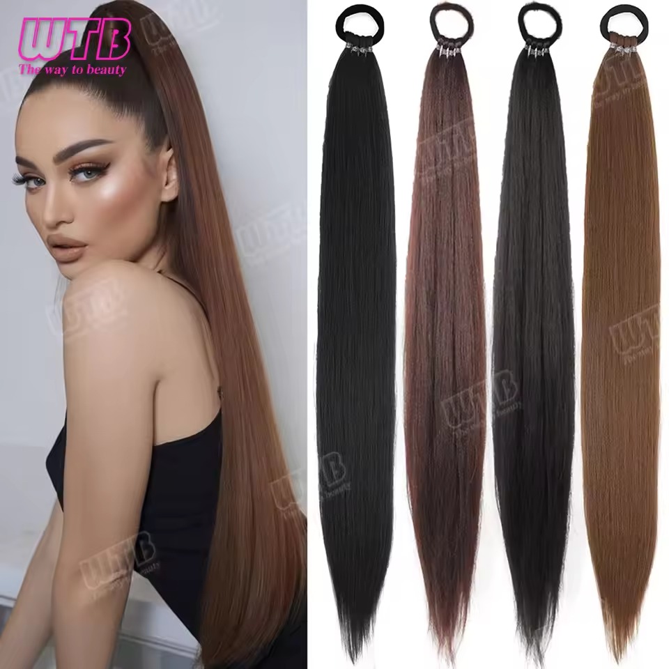 Ponytail Hair Extension for Girls – Hair Pony Extension with Elastic Bands, Straight 28 Inch Long - Natural Hair Color