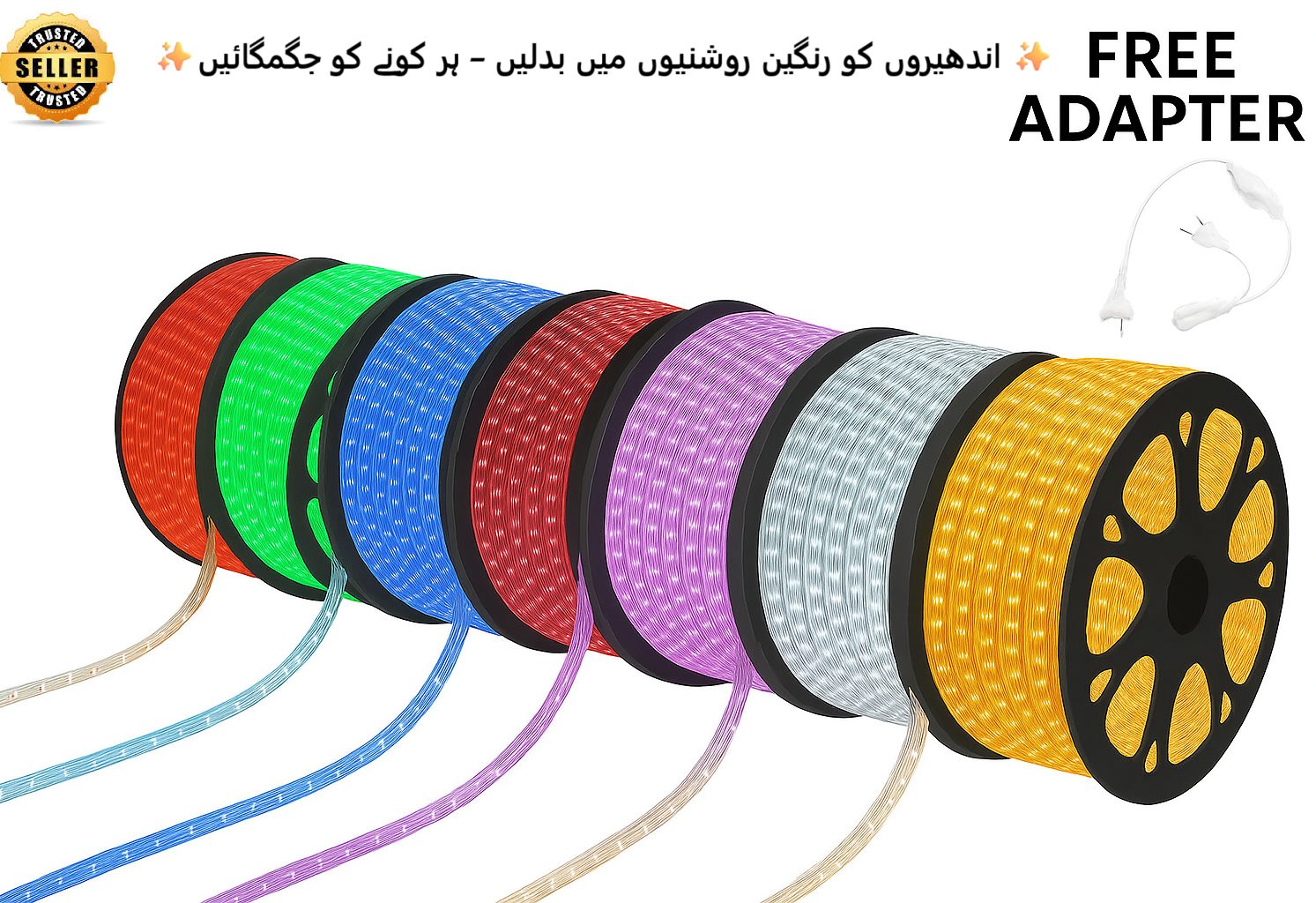 Flexible RGB LED Light Strip with Free Adapter | Decorative Lighting for Room, Car, Home & Events | Multicolor & Single Color Options – Blue, Pink, Warm, White, Red, Green | Available Sizes: 3m, 5m, 10m, 20m, 30m, 40m, 50m, 60m, 70m