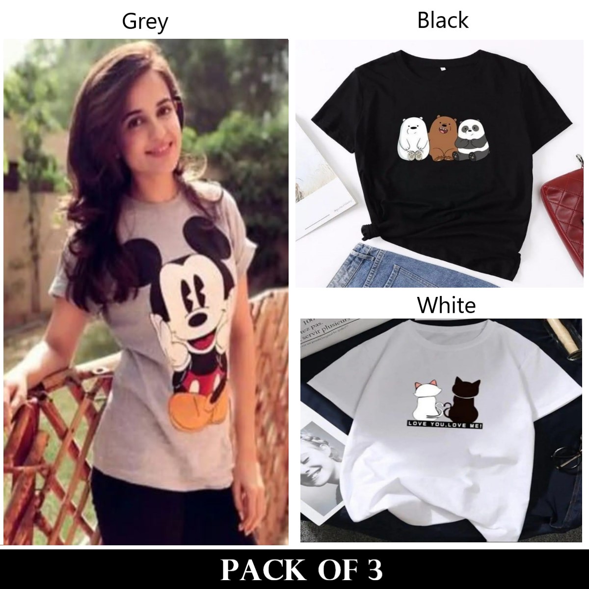 Pack Of 3 T Shirts New Trendy O-neck Shirt New Fashion Latest Stylish Famous Cartoon Printed Tee Shirt for Women and Girls