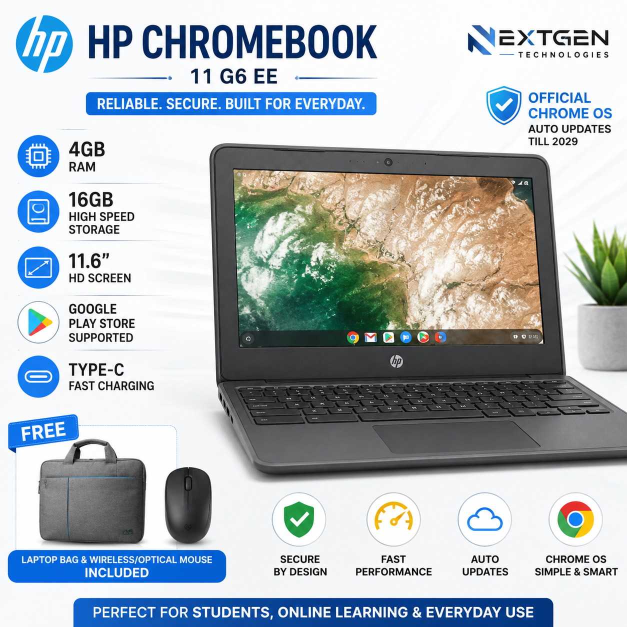 HP Chromebook 11 G6 EE – 4GB RAM, 16GB High Speed Storage – 11.6 HD Screen – Google Play Store Supported – Official Chrome OS (Auto Updates Till 2029) – Type-C Fast Charging – Free Laptop Bag & Wirele