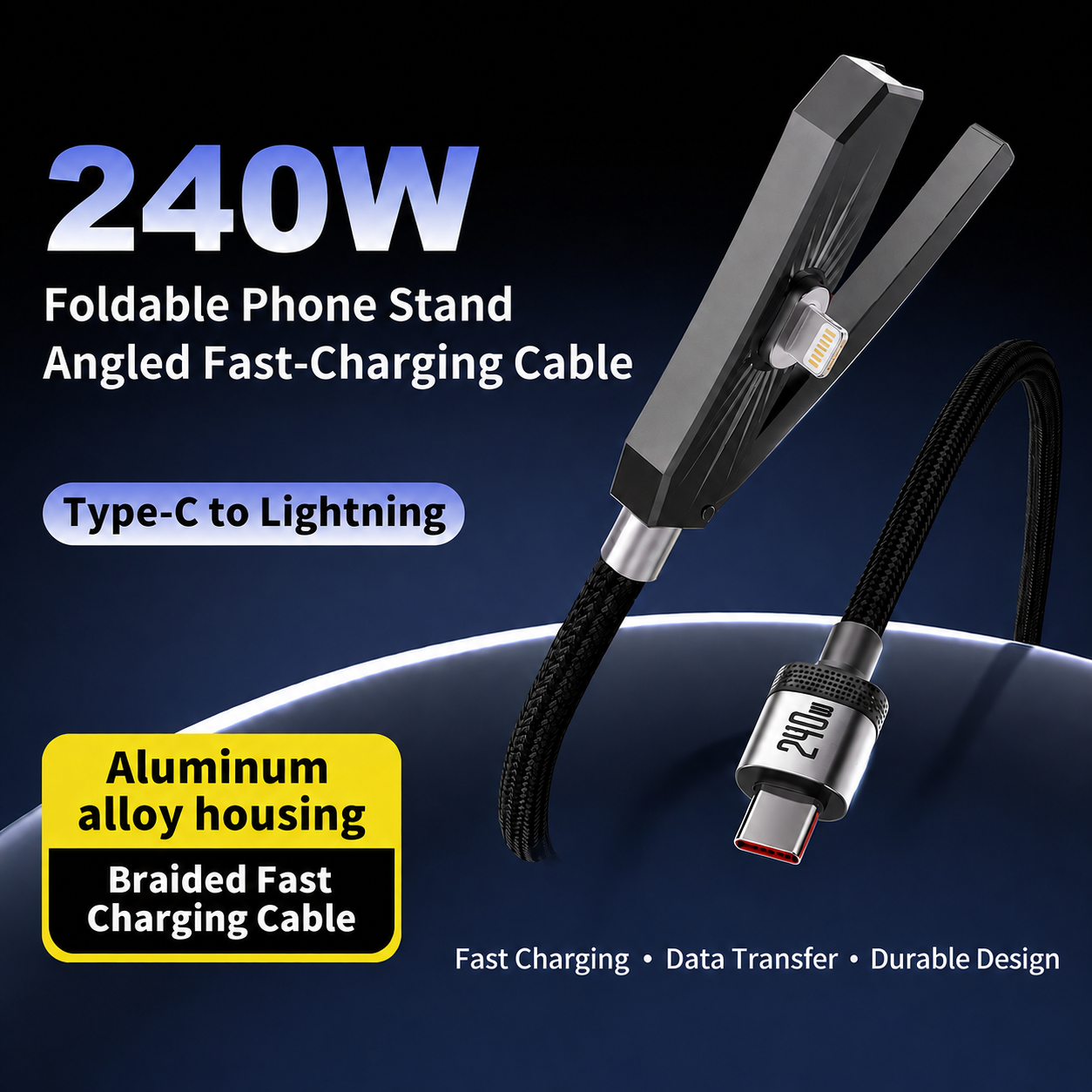 2 in 1 Charging Cable Type C with Invisible Foldable Stand – 240W Fast Charging Cable, Nylon Braided Type-C to Type-C, 360° Hidden Phone Holder, Charging Cable with Stand for Phones, Tablets & Laptops