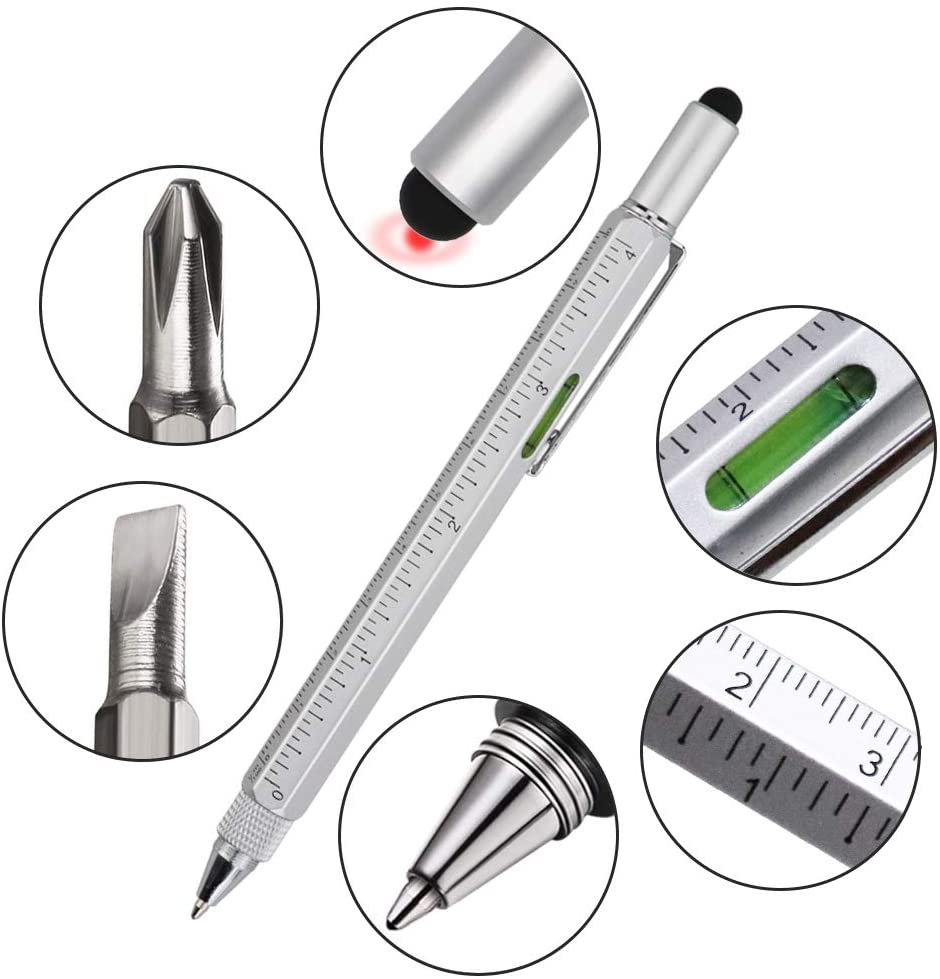 7 in 1 Multifunctional Touch Screen Stylus Ballpoint Pen with Screwdriver Spirit Level Scale Ruler Full Metal