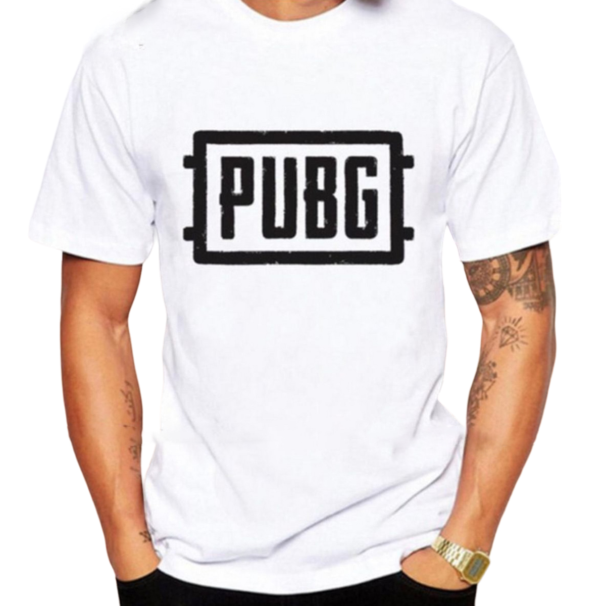 White Half Sleeves Round Neck Cotton Printed Pubg T Shirt