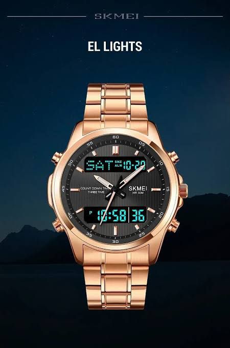 Premium Dual Time Men’s Digital Analog Watch – Steel Chain, Water Resistant, Full Function Display
