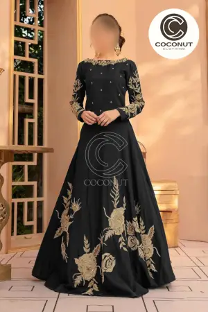 Buy Women Maroon Net Fabric Long Frock With Golden Dupatta (Ready To Wear)  in Pakistan
