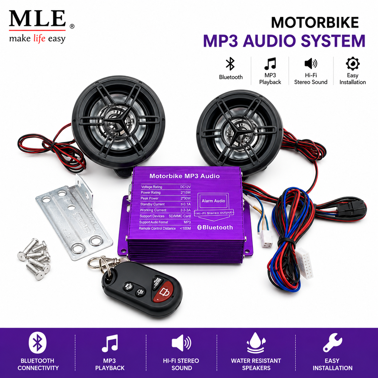 Motorcycle MP3 Audio System with Bluetooth Remote Control | Bike Sound System Speakers Kit | Universal Waterproof Motorbike Audio Player