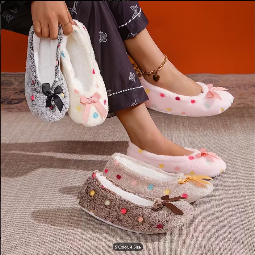 Cozy Women’s Slip-On Plush Shoes – Soft Fleece Lined Indoor Yoga Slippers with Bowknot & Non-Slip TPR Sole | All-Season Comfort (Random Color & Design)
