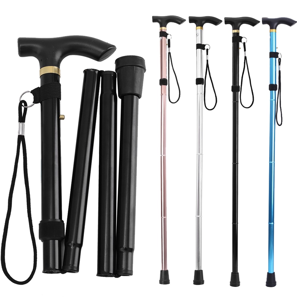 Adjustable Lightweight Aluminum Trekking Cane, Foldable Offset Walking Stick with Ergonomic Handle for Hiking and Outdoor Recreation - Black