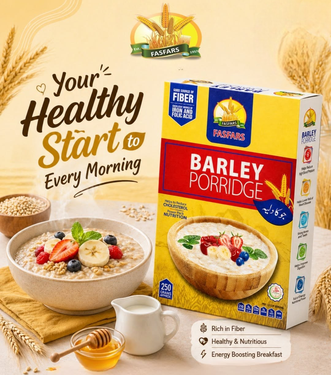 Fasfars Barley Porridge, 250g Premium Quality Daliya Jau Organics Barley Dalia High Fiber Easy To Cook Instant Jua Porridge (Jau Ka Dalia) Rich In Protein Healthy Breakfast Cereals, For Good Health, Improves Digestion For Adults, Teens Oats Meal