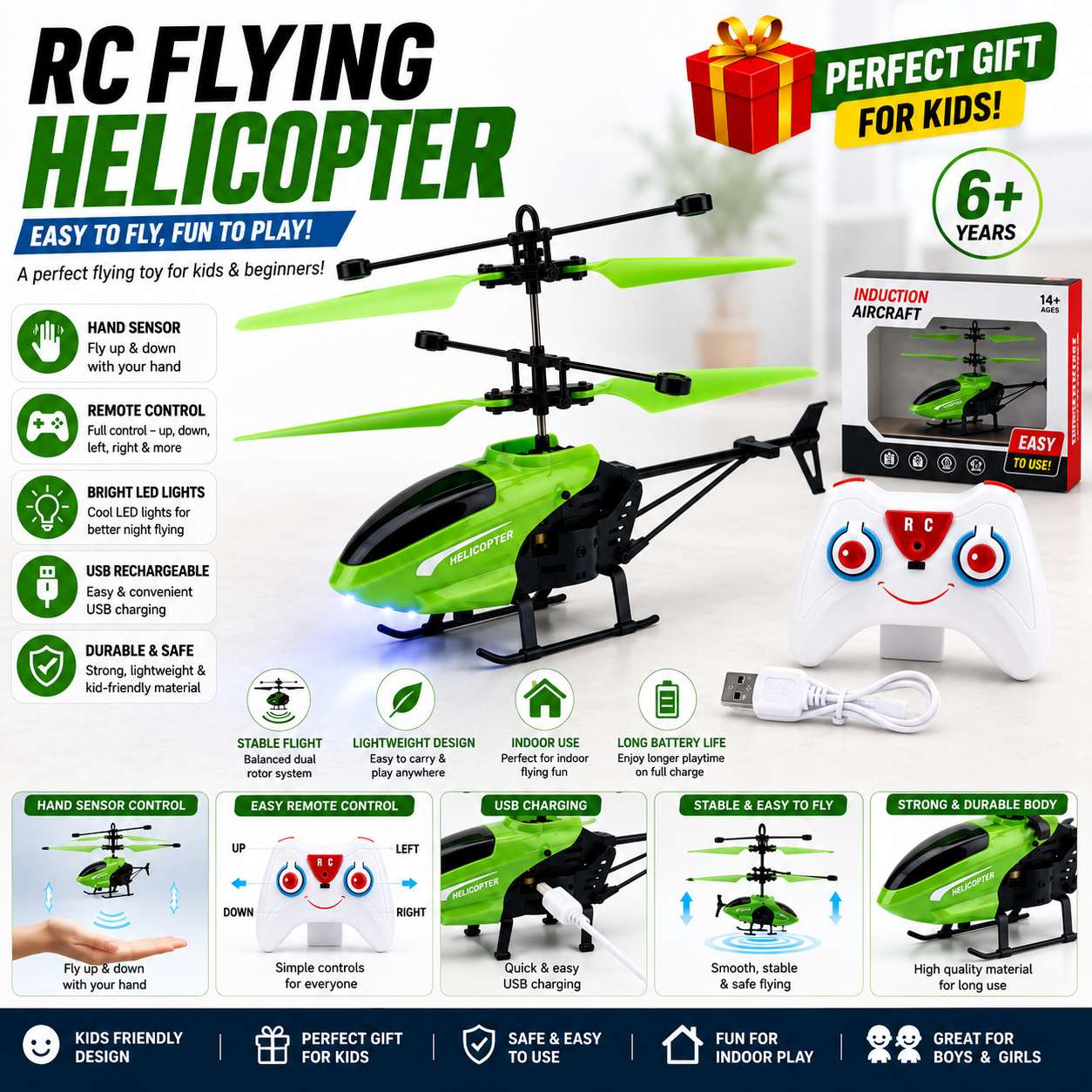 Remote Control RC Helicopter Toy Rechargeable USB Charging LED Light Flying Helicopter for Kids Boys Girls Indoor Gift