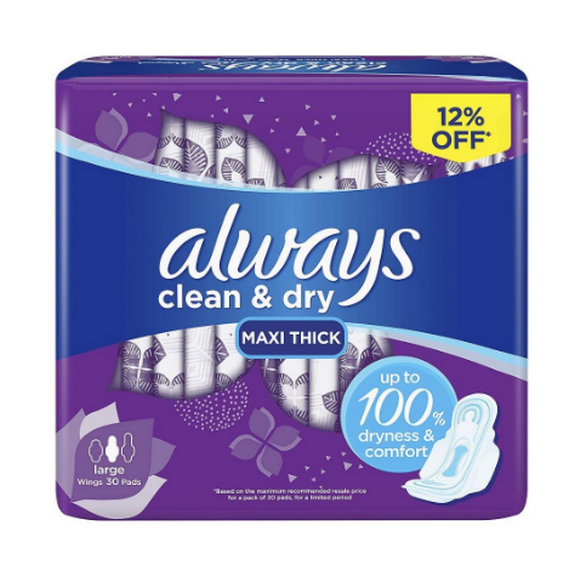 Always Clean & Dry Maxi Thick Wings Pads, Large, 30-pack