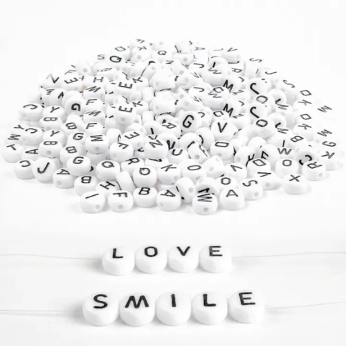 200Pcs 7mm Black Letter Loose Spacer Alphabet White Acrylic Beads For DIY Jewelry Making