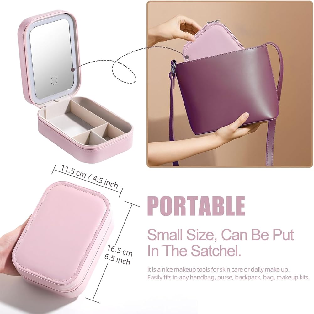 LED Makeup Mirror Pouch Cosmetic Storage Bag with Touch Sensor Mirror | 3 Color Light Modes | Adjustable Brightness | Travel Makeup Organizer Case
