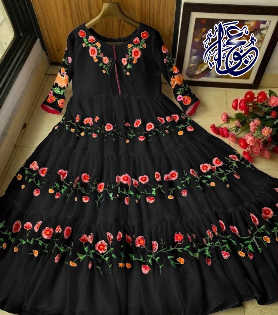 Stylish Flower Embroidered Chiffon Maxi Full Flair (Only Maxi) Paty Wear Maxi Dresses For Women