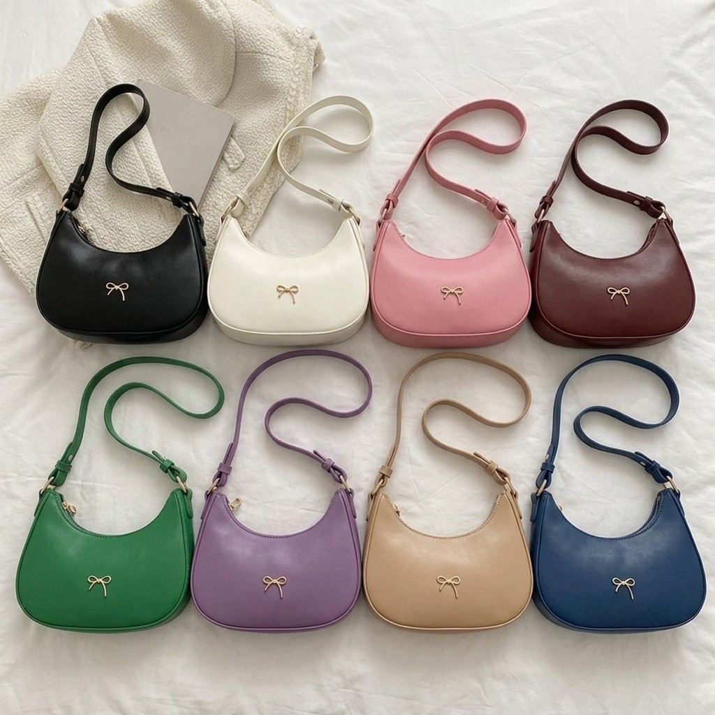 Women's Luxury Crescent Underarm Shoulder Bag  Cute Bow Leather Half Moon Purse & Handbag for Girls