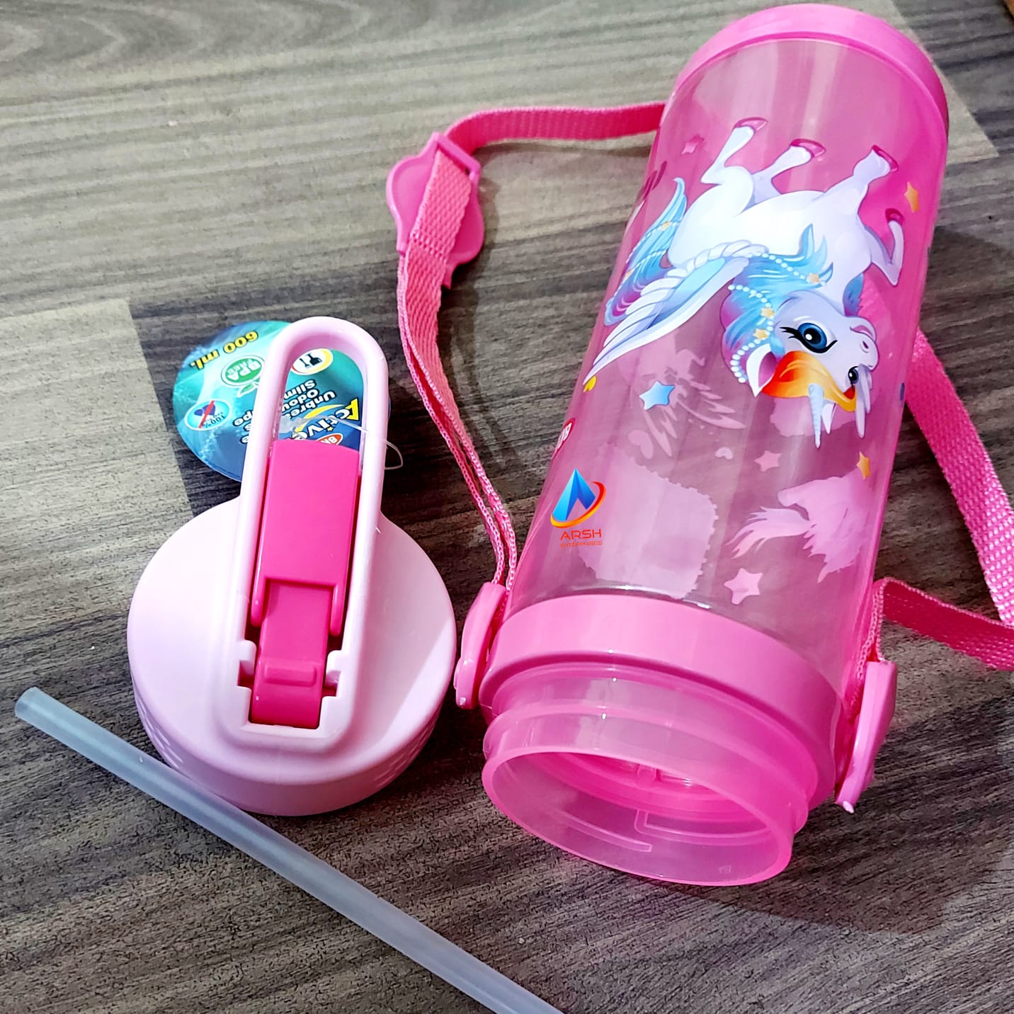 Bright Active Star 600ml Pink Unicorn Character Transparent Plastic Water Bottle for Girls